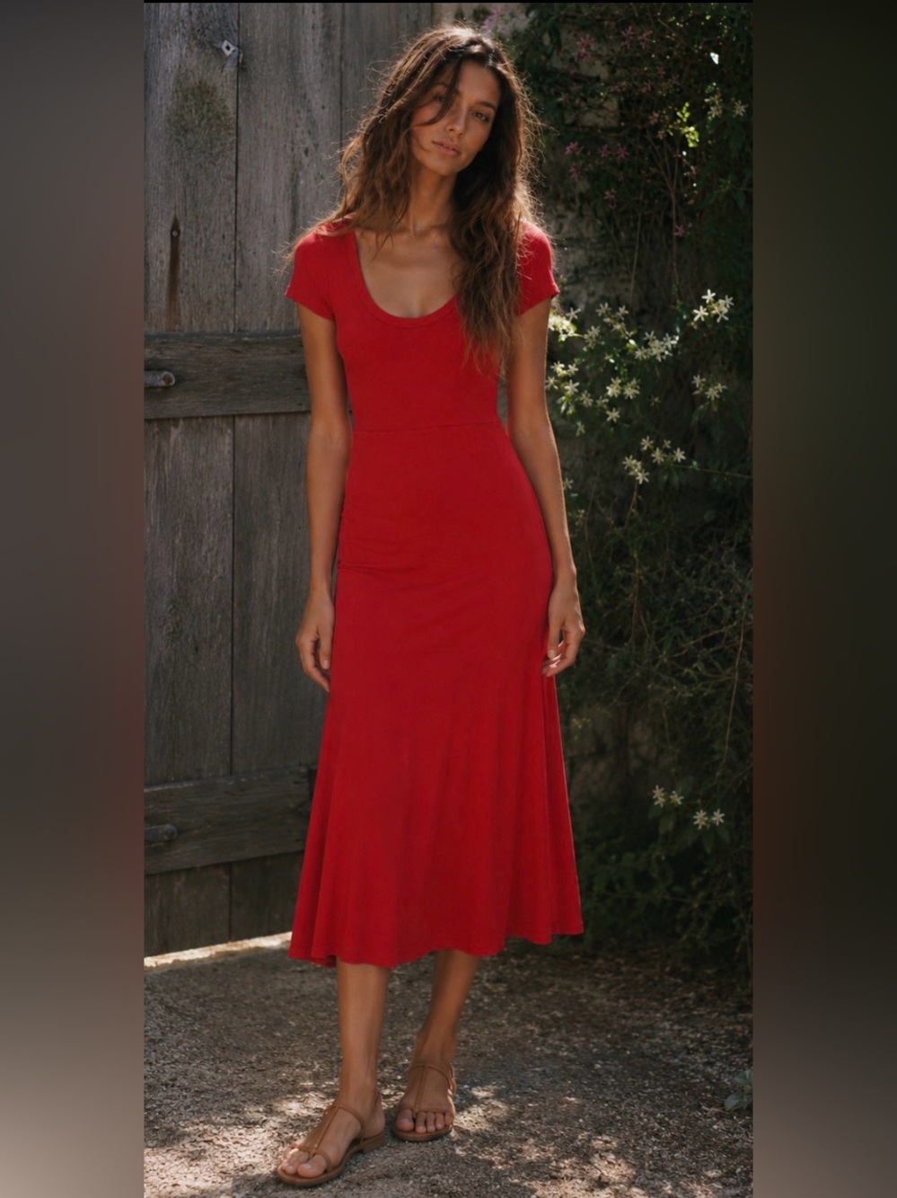 See You Monday Red Short Sleeve Scoop Neck Midi Dress